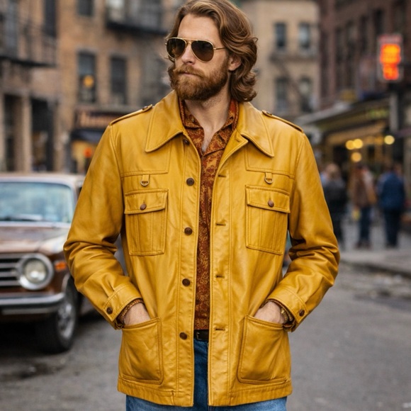 Vintage 70's Leather Jacket Mens Medium Retro Hipster Western Mustard Yellow
